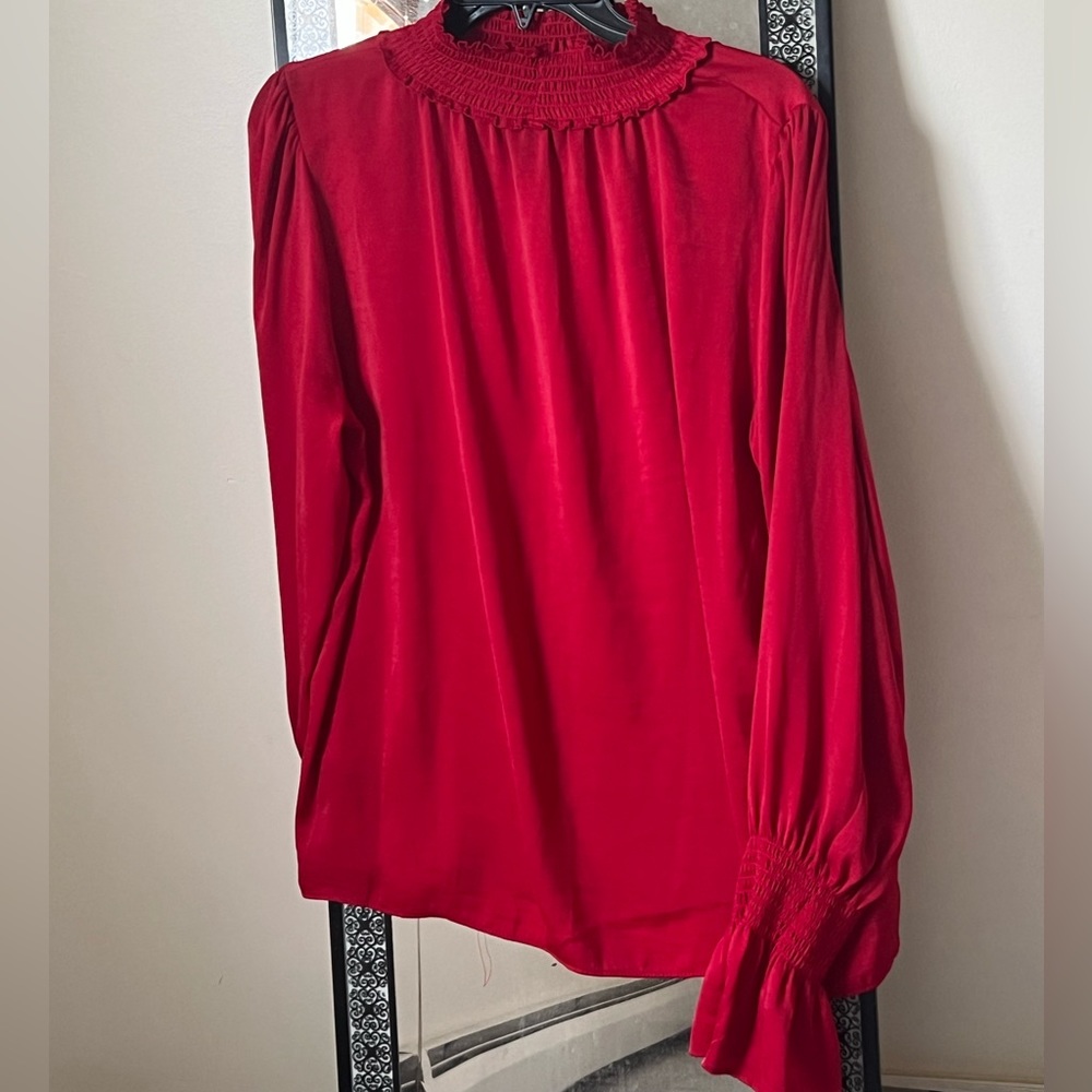 Red turtleneck satin/silk blouse